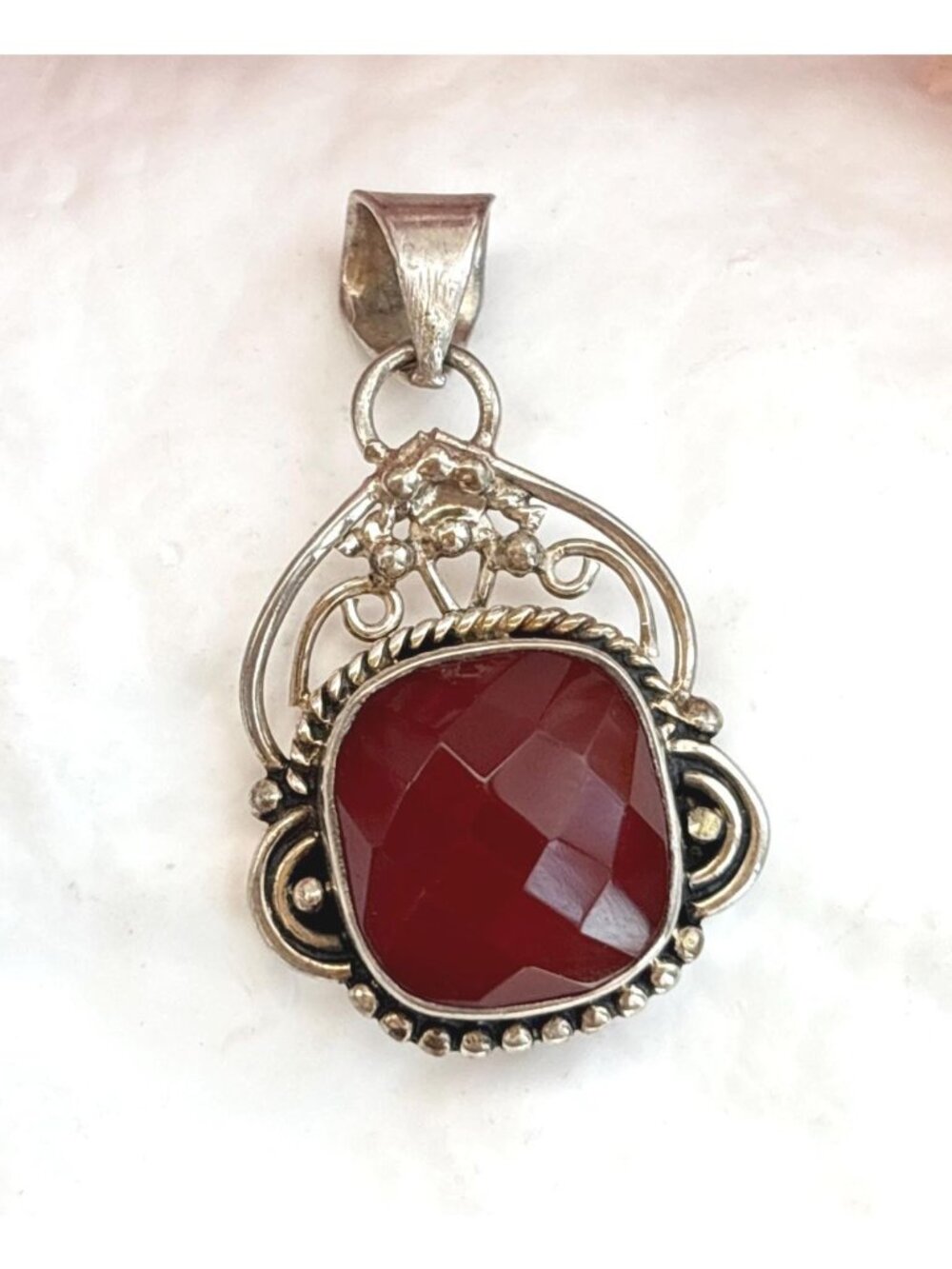 Natural Carnelian Faceted Balinese Inspired Vintage 925 Pendant | Charm